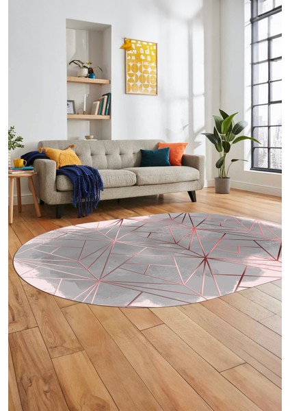 3D Baskılı Kaymaz Yıkanabilir Sade Desen Oval Yolluk Mutfak Salon Halısı O-Modern-44-Pembe