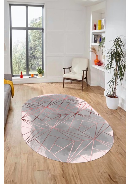 3D Baskılı Kaymaz Yıkanabilir Sade Desen Oval Yolluk Mutfak Salon Halısı O-Modern-44-Pembe