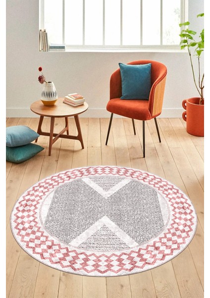 Baskılı Ince Kaymaz Taban Yıkanabilir Modern Mutfak Yuvarlak Salon Halısı Y-Modern-07-Pembe
