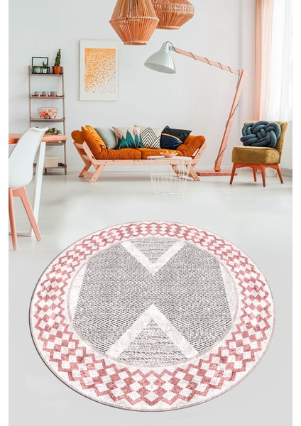Baskılı Ince Kaymaz Taban Yıkanabilir Modern Mutfak Yuvarlak Salon Halısı Y-Modern-07-Pembe