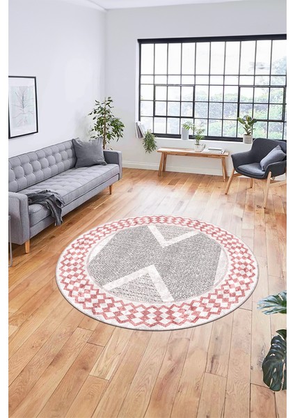 Baskılı Ince Kaymaz Taban Yıkanabilir Modern Mutfak Yuvarlak Salon Halısı Y-Modern-07-Pembe