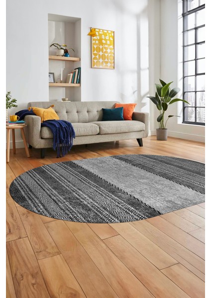 Kilim Desen Özel Tasarım Dijital Kaymaz Yıkanabilir Oval Yolluk Salon Halısı O-Modern-83-Gri