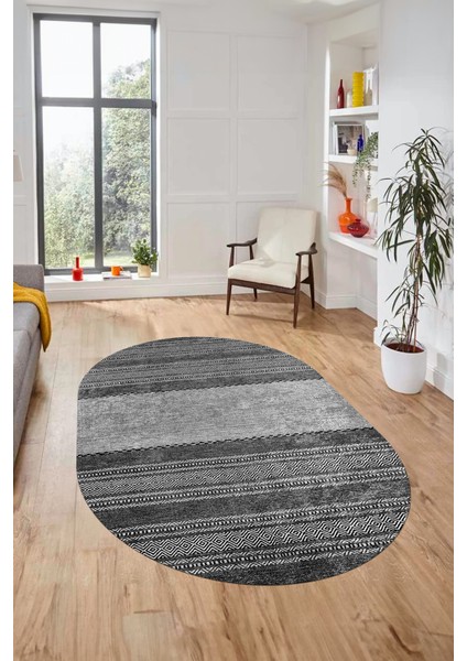 Kilim Desen Özel Tasarım Dijital Kaymaz Yıkanabilir Oval Yolluk Salon Halısı O-Modern-83-Gri