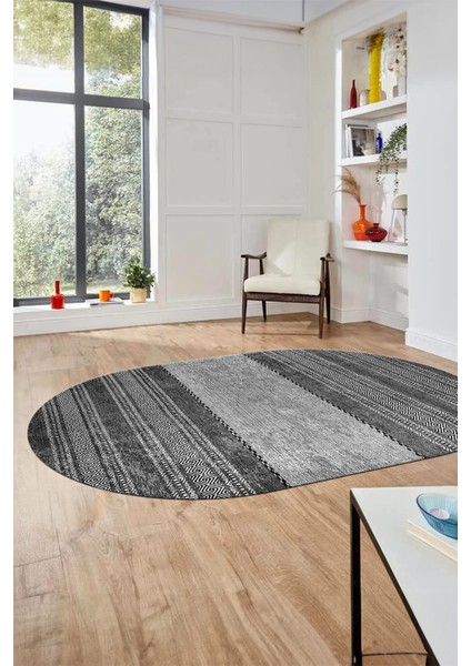 Kilim Desen Özel Tasarım Dijital Kaymaz Yıkanabilir Oval Yolluk Salon Halısı O-Modern-83-Gri