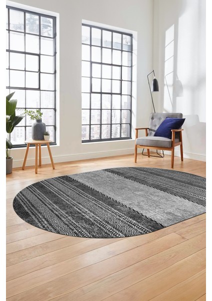Kilim Desen Özel Tasarım Dijital Kaymaz Yıkanabilir Oval Yolluk Salon Halısı O-Modern-83-Gri