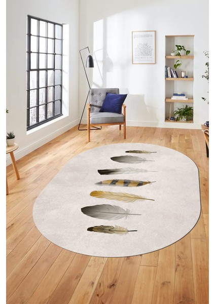 Yaprak Desenli Baskılı Kaymaz Taban Yıkanabilir Oval Yolluk Salon Halısı O-MODERN-115-KREM fiyatları