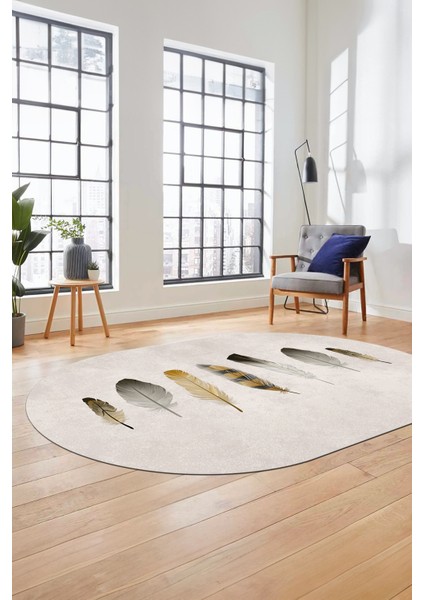 Yaprak Desenli Baskılı Kaymaz Taban Yıkanabilir Oval Yolluk Salon Halısı O-MODERN-115-KREM modelleri