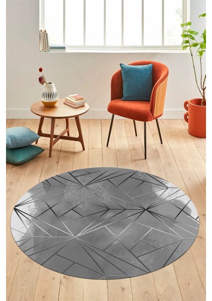 3D Baskılı Kaymaz Yıkanabilir Sade Desen Yuvarlak Mutfak Salon Halısı Y-Modern-44-Gri