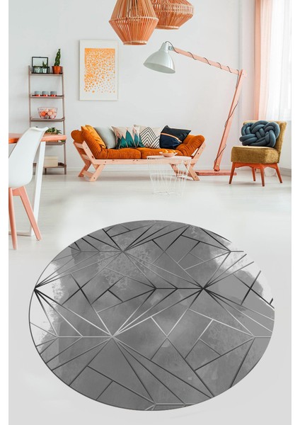 3D Baskılı Kaymaz Yıkanabilir Sade Desen Yuvarlak Mutfak Salon Halısı Y-Modern-44-Gri