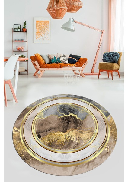 Baskılı Kaymaz Yıkanabilir Modern Mermer Desen Yuvarlak Salon Halısı Y-Modern-46-Gold