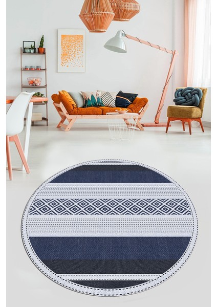 Modern Kilim Desenli Dijital Kaymaz Yıkanabilir Yuvarlak Mutfak Salon Halısı Y-Modern-18-Lacivert modelleri