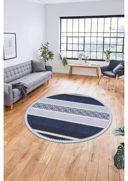 Modern Kilim Desenli Dijital Kaymaz Yıkanabilir Yuvarlak Mutfak Salon Halısı Y-Modern-18-Lacivert fırsatları