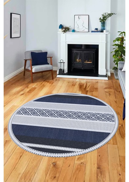 Modern Kilim Desenli Dijital Kaymaz Yıkanabilir Yuvarlak Mutfak Salon Halısı Y-Modern-18-Lacivert indirimleri