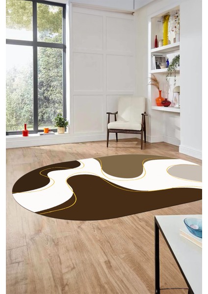 Baskılı Kaymaz Taban Yıkanabilir Modern Oval Yolluk Mutfak Salon Halısı O-MODERN-120-KAHVE