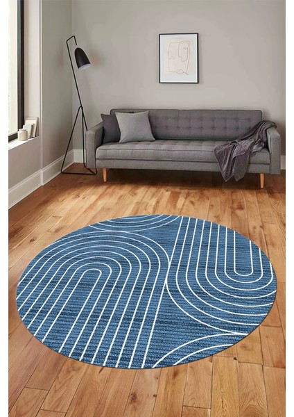 Sade Desen Baskılı Kaymaz Taban Yıkanabilir Modern Yuvarlak Salon Halısı Y-MODERN-110-MAVİ