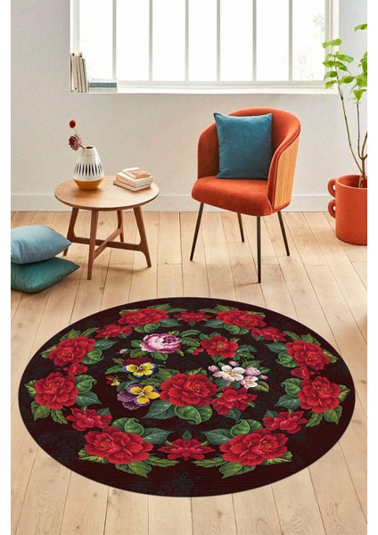 Modern Çiçek Desenli Dijital Kaymaz Yıkanabilir Yuvarlak Mutfak Salon Halısı Y-Modern-21-Bordo