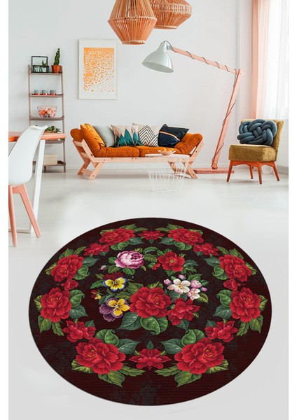 Modern Çiçek Desenli Dijital Kaymaz Yıkanabilir Yuvarlak Mutfak Salon Halısı Y-Modern-21-Bordo