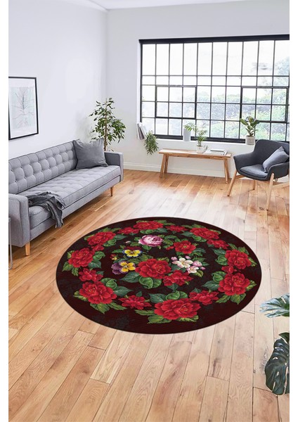 Modern Çiçek Desenli Dijital Kaymaz Yıkanabilir Yuvarlak Mutfak Salon Halısı Y-Modern-21-Bordo
