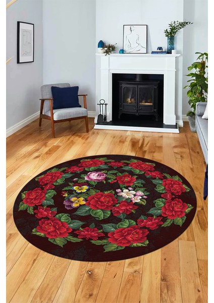 Modern Çiçek Desenli Dijital Kaymaz Yıkanabilir Yuvarlak Mutfak Salon Halısı Y-Modern-21-Bordo