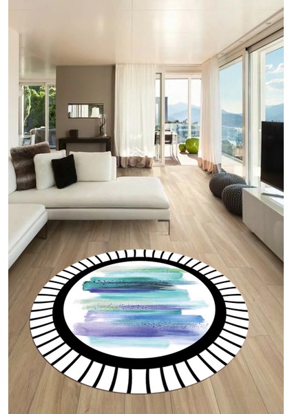 Renkli Modern Desenli Dijital Kaymaz Yıkanabilir Yuvarlak Mutfak Salon Halısı Y-Modern-22-Turkuaz