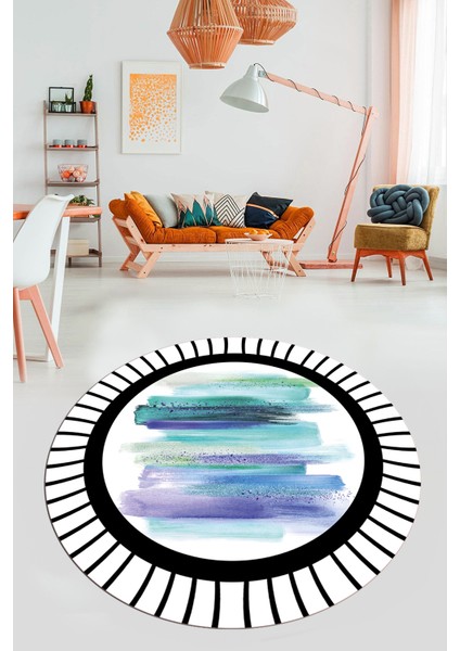 Renkli Modern Desenli Dijital Kaymaz Yıkanabilir Yuvarlak Mutfak Salon Halısı Y-Modern-22-Turkuaz modelleri