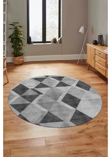 Baklava Desen Baskılı Kaymaz Taban Yıkanabilir Modern Yuvarlak Salon Halısı Y-MODERN-103-GRİ