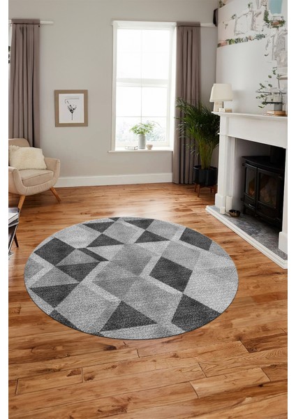 Baklava Desen Baskılı Kaymaz Taban Yıkanabilir Modern Yuvarlak Salon Halısı Y-MODERN-103-GRİ modelleri