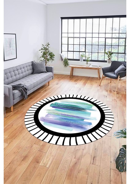 Renkli Modern Desenli Dijital Kaymaz Yıkanabilir Yuvarlak Mutfak Salon Halısı Y-Modern-22-Turkuaz fırsatları