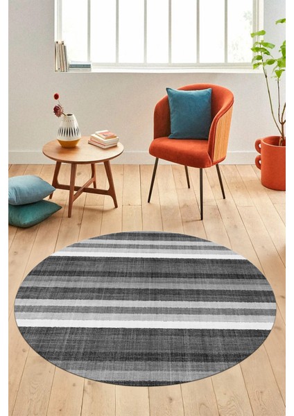 Modern Kilim Desen Dijital Kaymaz Yıkanabilir Yuvarlak Mutfak Salon Halısı Y-Modern-25-Gri