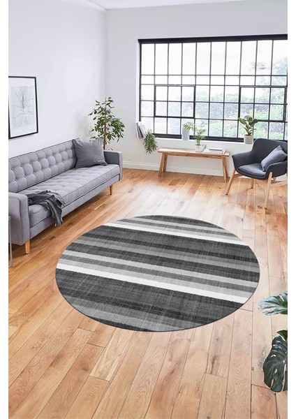 Modern Kilim Desen Dijital Kaymaz Yıkanabilir Yuvarlak Mutfak Salon Halısı Y-Modern-25-Gri