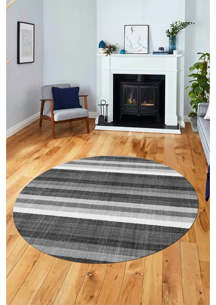 Modern Kilim Desen Dijital Kaymaz Yıkanabilir Yuvarlak Mutfak Salon Halısı Y-Modern-25-Gri