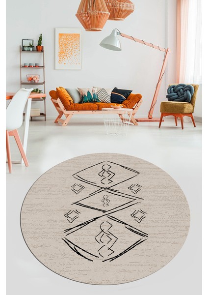 Baskılı Kaymaz Yıkanabilir Şık Modern Yuvarlak Mutfak Halısı Salon Halısı Y-Modern-59-Bej