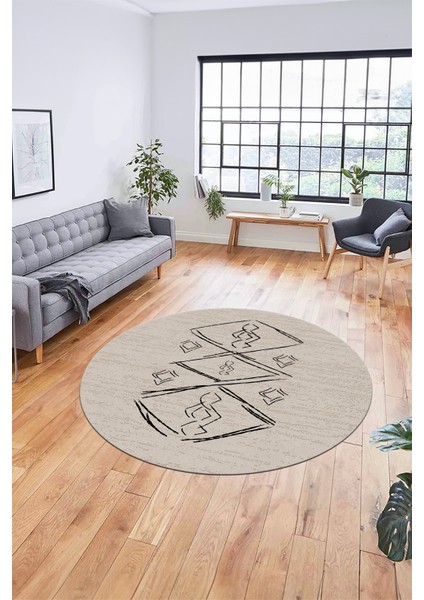 Baskılı Kaymaz Yıkanabilir Şık Modern Yuvarlak Mutfak Halısı Salon Halısı Y-Modern-59-Bej