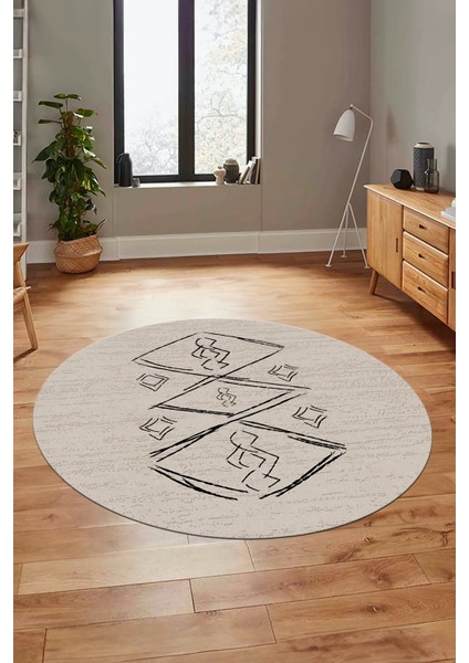 Baskılı Kaymaz Yıkanabilir Şık Modern Yuvarlak Mutfak Halısı Salon Halısı Y-Modern-59-Bej