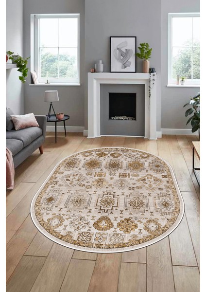 Modern Etnik Desen Dijital Kaymaz Yıkanabilir Oval Yolluk Mutfak Salon Halısı O-Modern-29-Kahve fiyatları