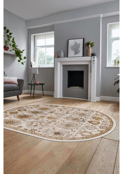 Modern Etnik Desen Dijital Kaymaz Yıkanabilir Oval Yolluk Mutfak Salon Halısı O-Modern-29-Kahve modelleri