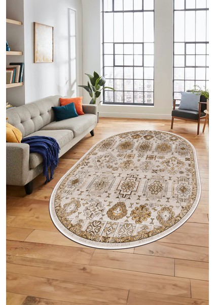 Modern Etnik Desen Dijital Kaymaz Yıkanabilir Oval Yolluk Mutfak Salon Halısı O-Modern-29-Kahve fırsatları
