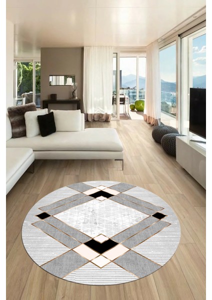 Şık Modern Desenli Dijital Kaymaz Yıkanabilir Yuvarlak Mutfak Salon Halısı Y-Modern-12-Krem fiyatları
