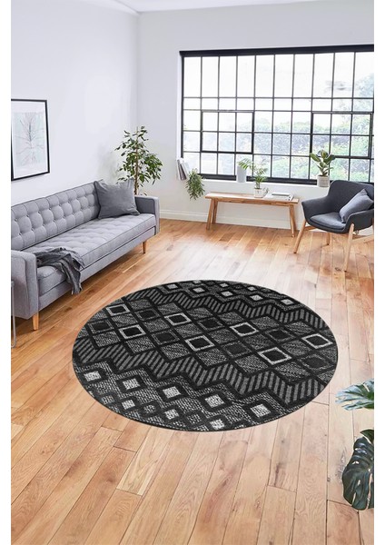 Baskılı Kaymaz Yıkanabilir Şık Kilim Desen Yuvarlak Mutfak Halısı Salon Halısı Y-Modern-67-Antrast