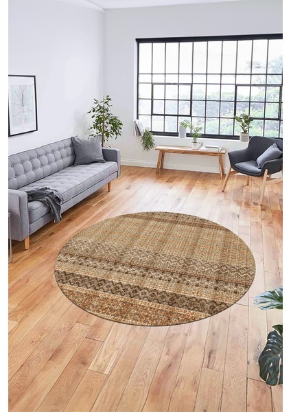 Baskılı Kaymaz Yıkanabilir Şık Kilim Desen Yuvarlak Mutfak Halısı Salon Halısı Y-Modern-70-Kahve