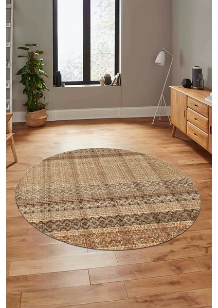 Baskılı Kaymaz Yıkanabilir Şık Kilim Desen Yuvarlak Mutfak Halısı Salon Halısı Y-Modern-70-Kahve modelleri