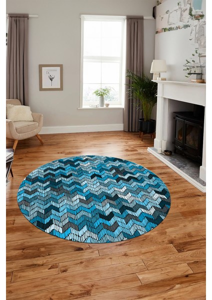 Baskılı Kaymaz Taban Yıkanabilir Renkli Modern Mutfak Yuvarlak Salon Halısı Y-Modern-02-Mavi