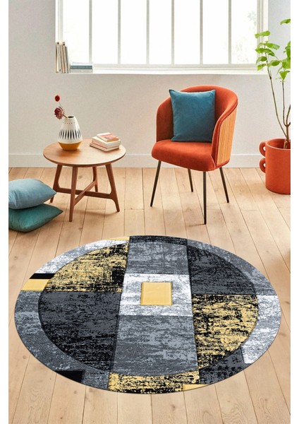 Modern Göbekli Desen Dijital Kaymaz Yıkanabilir Yuvarlak Mutfak Salon Halısı Y-Modern-33-Sarı