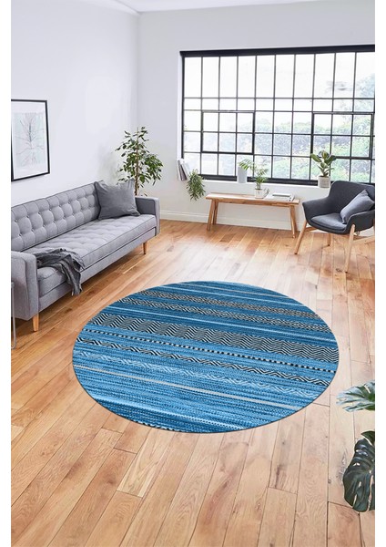 Modern Kilim Desenli Dijital Kaymaz Yıkanabilir Yuvarlak Mutfak Salon Halısı Y-Modern-17-Mavi fırsatları