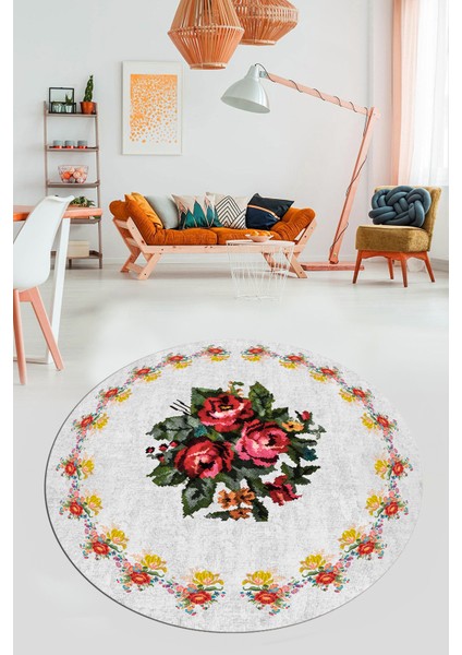 Modern Çiçek Desenli Dijital Kaymaz Yıkanabilir Yuvarlak Mutfak Salon Halısı Y-Modern-20-Beyaz modelleri