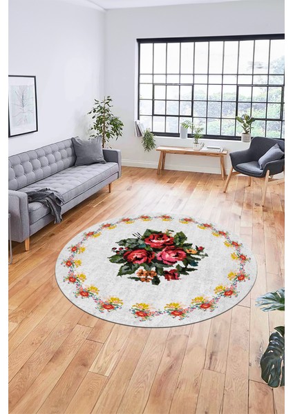 Modern Çiçek Desenli Dijital Kaymaz Yıkanabilir Yuvarlak Mutfak Salon Halısı Y-Modern-20-Beyaz fırsatları