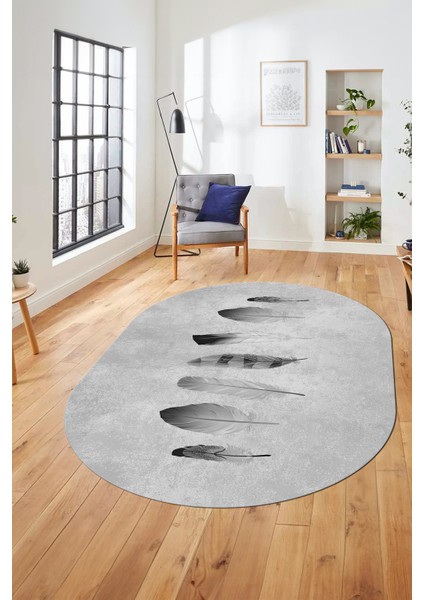 Yaprak Desenli Baskılı Kaymaz Taban Yıkanabilir Oval Yolluk Salon Halısı O-MODERN-115-GRİ fiyatları