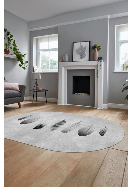 Yaprak Desenli Baskılı Kaymaz Taban Yıkanabilir Oval Yolluk Salon Halısı O-MODERN-115-GRİ indirimleri