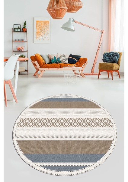 Modern Kilim Desenli Dijital Kaymaz Yıkanabilir Yuvarlak Mutfak Salon Halısı Y-Modern-18-Kahve modelleri