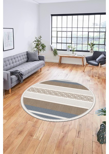 Modern Kilim Desenli Dijital Kaymaz Yıkanabilir Yuvarlak Mutfak Salon Halısı Y-Modern-18-Kahve fırsatları